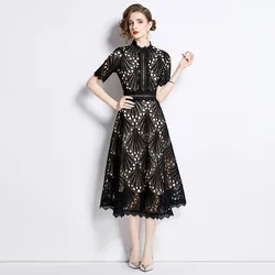 Collared Lace Dress With Hollow Out Details Waist-Cinching, Elegant, Mid-Length Skirt With A Full Hemline