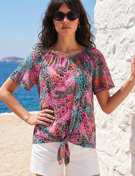 Women's Print Tie Front Button Top in Purple Size: 20 - Purple - Size: 20 - Roman - FashionsVida