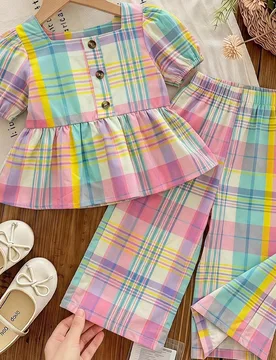 Conjunto de 2 piezas para niña joven con camisa casual de cuello cuadrado a cuadros y pantalones largos, atuendo preppy para volver a la escuela, con - Shein - FashionsVida
