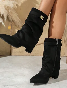 Botas de tobillo de media pantorrilla para mujer 2026, punta puntiaguda, tacón grueso, antideslizantes, unicolor, moda sexy, sin cordones, estilo cas - Shein - FashionsVida