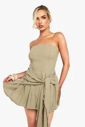 Womens Linen Look Pleated Wrap Mini Dress - Green Cotton - Size 8 Uk