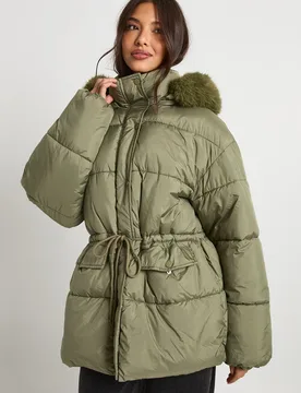 Womens Faux Fur Trim Parka - Khaki - Size 10 Uk - Boohoo - FashionsVida