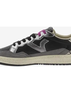 Zapatillas deportivas de mujer de piel con piezas animal print y metalizadas - Victoria - FashionsVida