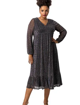 Womens Metallic Plisse Frill Hem Dress - Bronze - Size Uk 30-32 - Roman Curve - FashionsVida