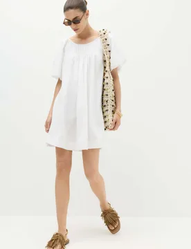 Linen Rich Puff Sleeve Mini Smock Dress White female - M&S - FashionsVida