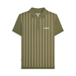 Mens Khaki Cream Pinstripe Polo Shirt - Male - Green - Large