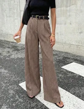 Pantalones rectos de cintura alta con estampado de cuadros vintage para mujer, pantalones casuales holgados de pierna recta con drapeado, atuendo de v - Shein - FashionsVida