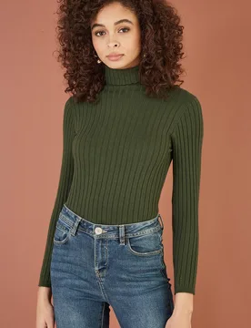 Women's Green Ribbed Knit Roll Neck Jumper Size: Medium - Green - Size: M - Yumi - FashionsVida