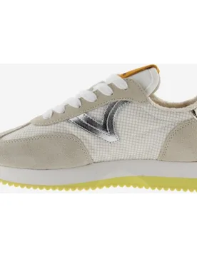 Zapatillas deportivas de mujer de nylon con piezas de serraje y metalizadas y suela en sierra - Victoria - FashionsVida