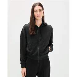 Sudadera con cremallera de mujer scuba con strass y capucha