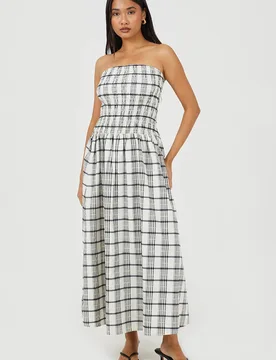 Women's Gingham Sleeveless Ruched Bodice Midi Dress in Cream Size: XS - Cream - Size: XS - Brave soul - FashionsVida