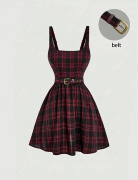 Vestido mini a cuadros rojos para mujer con cinturón, cuello cuadrado, sin mangas, línea A, estilo skater, negro y rojo, verano, vintage años 40 y - Shein - FashionsVida
