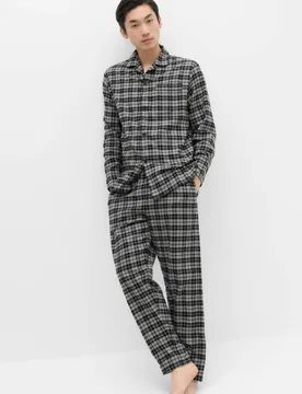 Pure Cotton Brushed Check Pyjama Set Black Mix male - M&S - FashionsVida