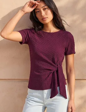 Women's Petite Textured Side Tie Stretch Top in Wine Size: 18 - Wine - Size: 18 - Roman - FashionsVida