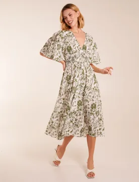 Floral V Neck Elastic Waist Dress - S / KHAKI - female - Blue Vanilla - FashionsVida