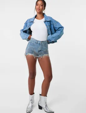 Women's Embellished Diamante Denim Shorts in Light Blue Size: 6 - Light Blue - Size: 6 - Pink Vanilla - FashionsVida
