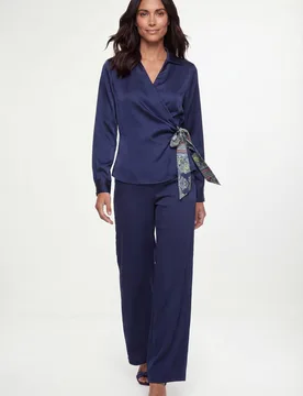 Women's Satin Wide Leg Trouser in Navy Size: 14 - Navy - Size: 14 - Wallis - FashionsVida