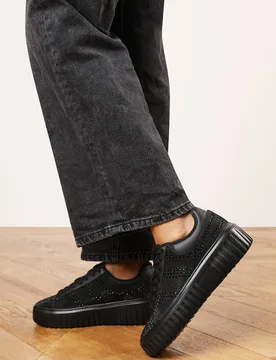 Women's 'Eliane' Lace Up Trainer with Diamante pattern & chunky sole in Black Size: 4 - Black - Size: 4 - Where's That From - FashionsVida