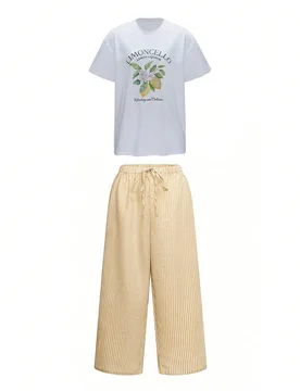 Conjunto de camiseta con estampado de limón y pantalones anchos a cuadros de talla grande - Conjunto a juego casual, atuendo cómodo de otoño, fáci - Shein - FashionsVida