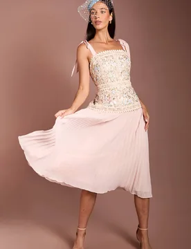 Women's Lisa Tan Embroidered Mesh Pleated Skirt Midi Dress in Blush Size: 10 - Blush - Size: 10 - Coast - FashionsVida