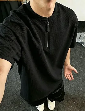 Men Half Zip Waffle Texture Tee 2026 Summer American Streetwear Minimal Design Casual Solid Short Sleeve Male Top Navy Black - Aliexpress - FashionsVida