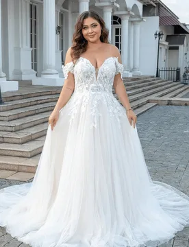 Vestido de novia talla grande con hombros abiertos, desmontable, transparente, largo, línea A, bordado, para fiesta, primavera y otoño 3XL - Shein - FashionsVida