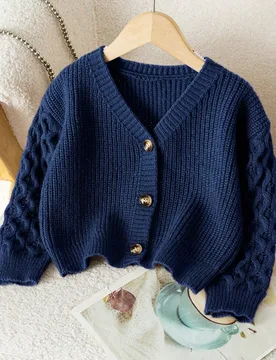 Cárdigan de punto de cable azul marino para niños, suéter acanalado suave y acogedor con botones delanteros, estilo vintage casual cálido para ni? - Shein - FashionsVida