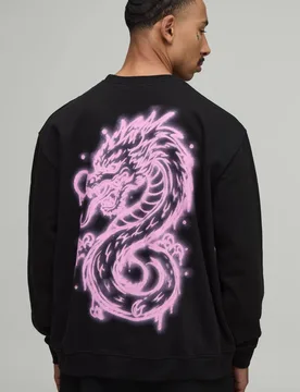 Herren Schwarzes Übergroßes Sweatshirt Mit Spray-Drachen-Print Black Größe 2XL - boohooMAN - FashionsVida