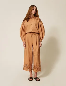 Pantalon ample en popeline avec macramé - TWINSET - FashionsVida