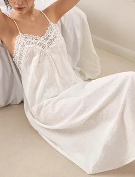 Camisón de 100% algodón con encaje bordado floral estilo jacquard y lazo, vestido de dormir suave y cómodo para mujer XS - Shein - FashionsVida