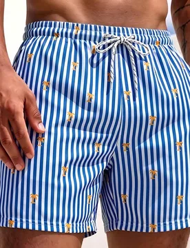 Shorts de playa para hombre con estampado de palmeras y rayas verticales amarillas & blancas, cintura elástica con cordón, corte holgado, bermudas d - Shein - FashionsVida