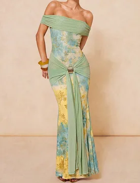 Vestido de sirena elegante y sexy para vacaciones con diseño ajustado de cintura, hombros descubiertos y decoración de hebilla metálica, primavera/ - Shein - FashionsVida