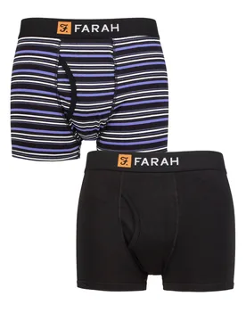 Mens 2 Pack Plain and Striped Cotton Classic Keyhole Trunks Black / Purple XL - Black - Size: Extra Large - Farah - FashionsVida