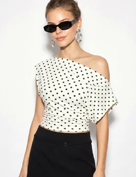 Womens Off-Shoulder Polka Dot Crop Blouse - Off-White - Size X-Small - Bianco Lucci - FashionsVida