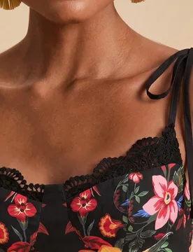 Vestido clásico de mujer con estampado de plantas tropicales, sexy, versátil para ir al trabajo y viajar, con ribete de encaje y largo medio XL - Shein - FashionsVida