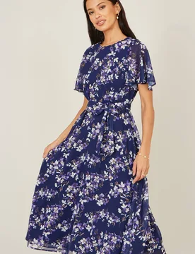 Women's Blossom Print Midi Skater Dress With Angel Sleeves in Navy Size: 18 - Navy - Size: 18 - Yumi - FashionsVida