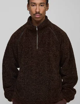 Herren Regular Fit PU-Naht Curly Borg Durchgehend Reißverschluss Jacke Chocolate Größe Small - boohooMAN - FashionsVida