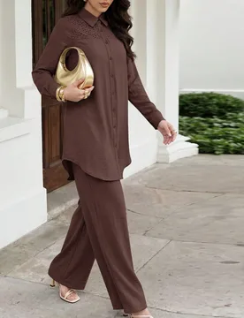 Piezas Set: Camisa elegante casual con botones y encaje contrastante y pantalones para mujer S - Shein - FashionsVida