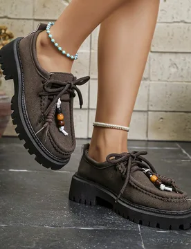 Zapatos planos de moda para mujer para todas las estaciones, zapatos Oxford con cordones de cuentas y suela gruesa, zapatos casuales vintage duraderos - Shein - FashionsVida