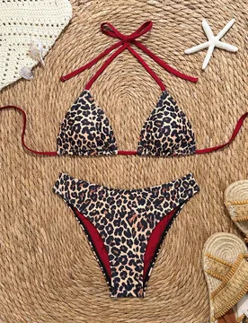 Conjunto de bikini de 2 piezas con tirantes finos, cuello halter, base negra con estampado aleatorio de puntos blancos, corte alto en los laterales, p - Shein - FashionsVida