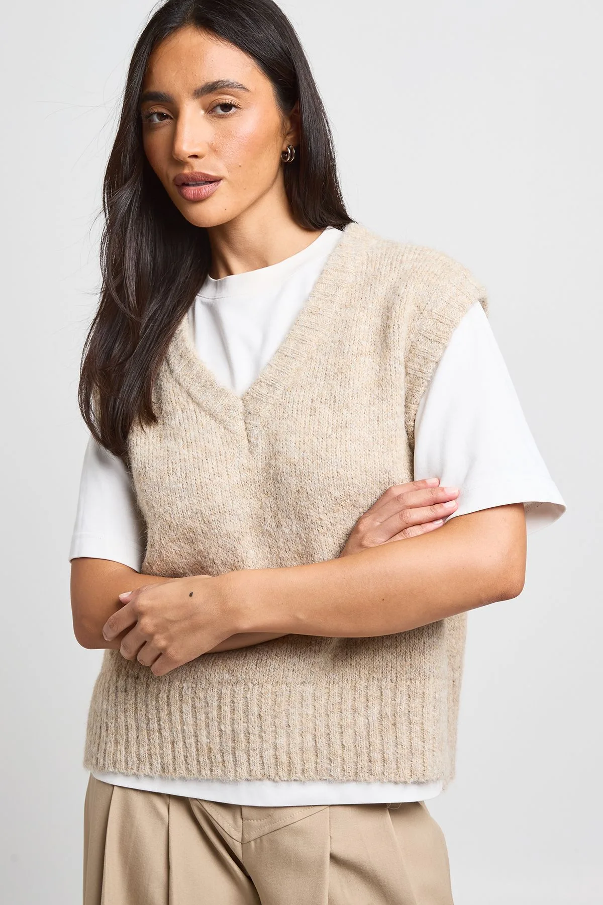 Womens Oversized Soft Knit V Neck Knitted Tank - Beige - Boohoo - FashionsVida