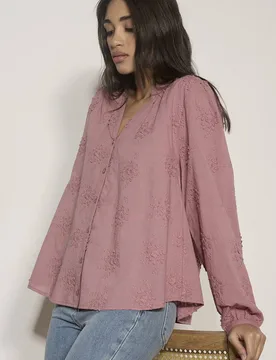 Women's Floral Embroidered Cotton Blouse in Pink Size: 10 - Pink - Size: 10 - Apricot - FashionsVida
