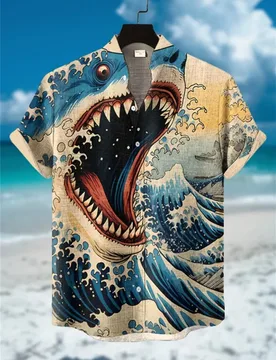 Summer Fashion Stand Up Collar Linen Shirt, Shark Print Short Sleeved Cardigan, Hawaiian Beach Casual Vacation Clothing - Aliexpress - FashionsVida