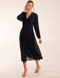 Wrap Front Pleated Midi Dress - S/M / NAVY - female
