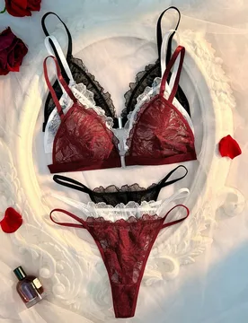 Conjunto de lencería sexy de 6 piezas con encaje y patchwork con cierre delantero para mujeres L - Shein - FashionsVida