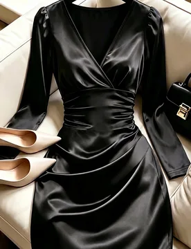 Vestido de mujer elegante y sexy de satén con cuello en V, manga larga, cintura fruncida, silueta estilizada y diseño asimétrico, negro, versátil, - Shein - FashionsVida
