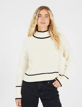 Women's Turtleneck Knitted Jumper with Contrast Trim in Cream Size: Large - Cream - Size: L - Brave soul - FashionsVida