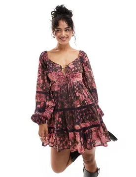 Womens Cotton Lace Insert Tiered Mini Dress In Patchwork Floral - Multicolour - Size 4 Uk - Miss Selfridge - FashionsVida