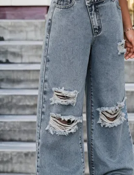 Jeans azul claro lavado, sueltos y desgastados, con cintura cómoda y versátiles, en estilo casual y de calle Y2K para niñas preadolescentes, nuevos - Shein - FashionsVida