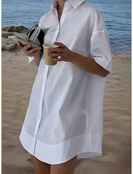 Vestido camisero de mujer talla grande de unicolor con hombros caídos, elegante y blanco para el verano 5XL - Shein - FashionsVida